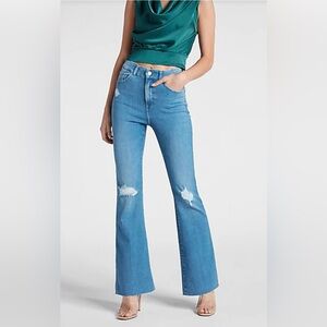 High Waisted FlexX Medium Wash Ripped Flare Jeans Small 0 2 4 SHORT SOLD OUT